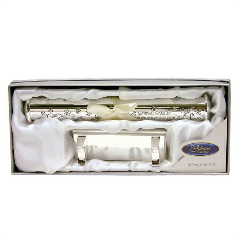 Silverplated wedding Cert holder & stand complete
