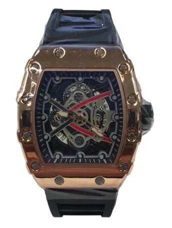 New Rubber Gents Rose Screw Fashion Quartz Movement Dated Skeleton Clear Dial Black Rubber Strap Watch