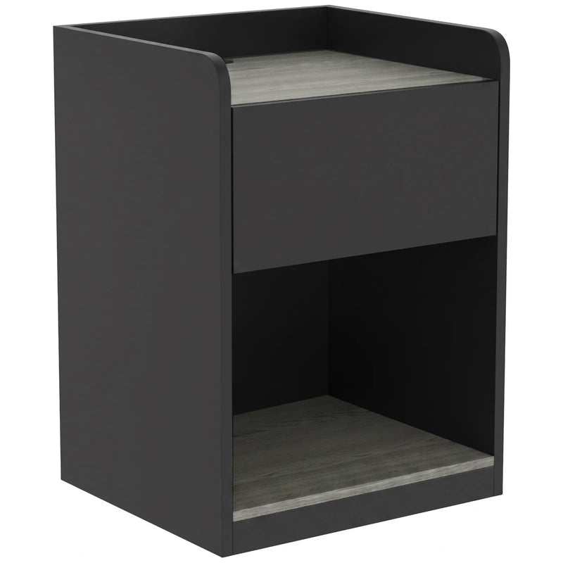 HOMCOM Modern Bedside Table, Slim Nightstand with Drawer, Shelf and Cable Holes, Black and Grey Wood Effect