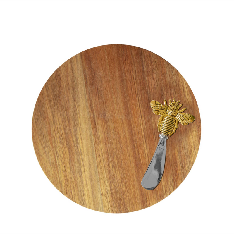 Round Acacia Cheese Board with Spreader Bee Design