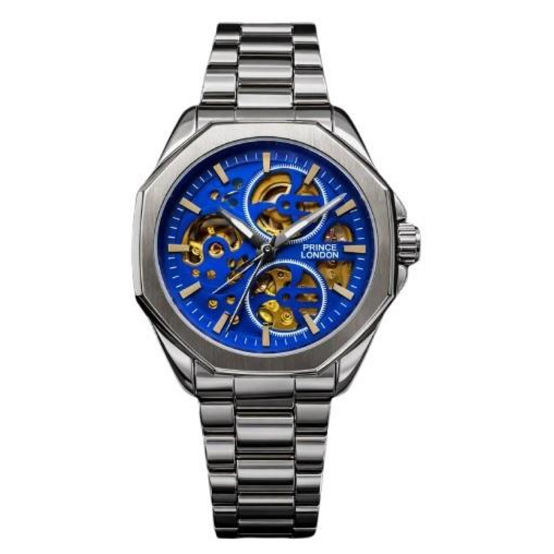 NYL Mens Automatic Metal Hollow Mechanical Dated Octagon Dial Analogue Silver/Blue Metal Bracelet Watch NY London