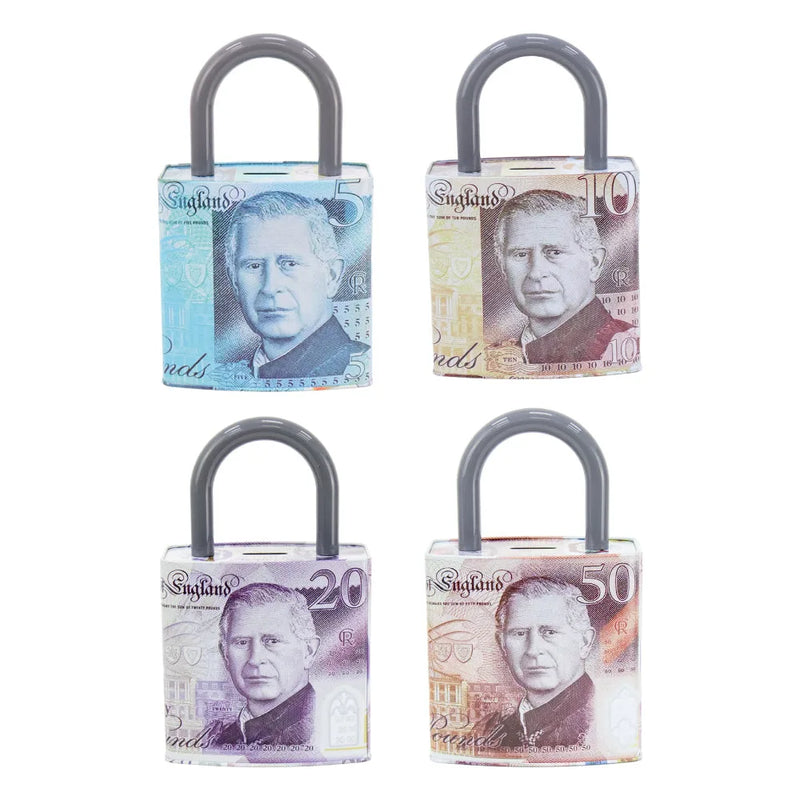 King Charles Pound Note Reusable Coin Money Tin Bo x Padlock Shape With Handle Assorted Designs Mth (Parcel Rate)