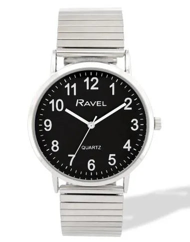 Ravel Mens Basic Everyday Black Dial Silver Stainless Steel Expander Bracelet Watch