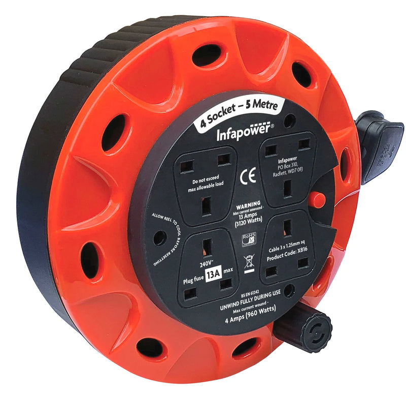 Infapower Cable E x tension Lead 4 Socket 13 Amp 5 Metre Drum