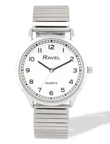 Ravel Mens Basic Easy Read Minute Track on White Dial Silver Stainless Steel Expander Bracelet Watch