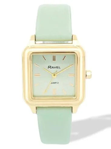 Ravel Ladies Fashion Summertime Square Gilt Case Dial with Green Leather Strap Watch