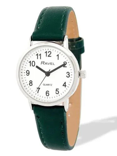 Ravel Ladies Basic Big White Dial Green Leather Strap Watch