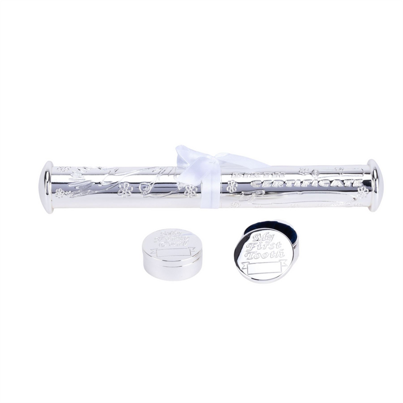 Silverplated Birth certificate Holder &1st Tooth & Curl Set