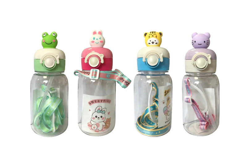Plastic Water Drinking Bottle Cartoon Animal Design With Carrier Strap Assorted Designs