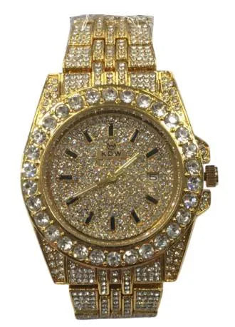 NY London Mens Fashion Bling Assorted Watch Dated Round Gold Dial Gold Bracelet Watch