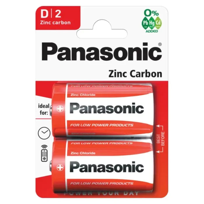 2 x Panasonic D Batteries Zinc Carbon R20 1.5V Battery