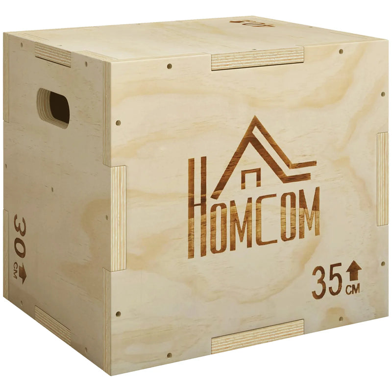 HOMCOM 3-in-1 Wooden Plyo Box, Plyometric Jump Box with Handle Openings for Home Gym, 12" x 14" x 16", Natural