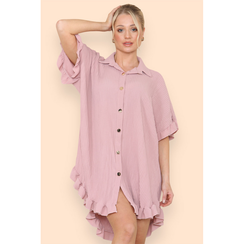 Over Sized Italian Gold Button Pleated Frill Ruffle TikTok Dress Top