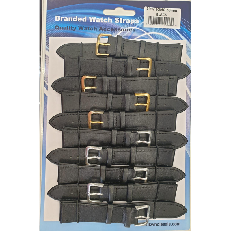 Black Leather Extra Long Watch Straps Pk10 size 20mm 1002BK