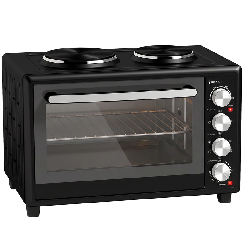 HOMCOM 46L Mini Oven with Dual Hot Plates, Electric Countertop Cooker with Convection, 90?230°C Adjustable Temperature