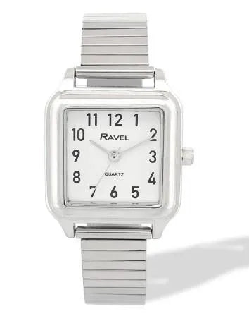 Ravel Ladies Basic Easy Read Square White Dial Silver Stainless Steel Expander Bracelet Watch