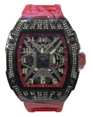 New Rubber Gents Black Bling Fashion Quartz Movement Skeleton Clear Dial Red Rubber Strap Watch