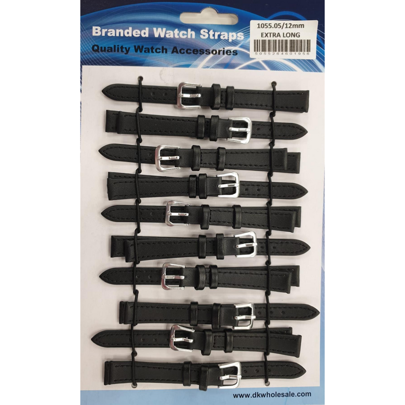 Leather Black Extra Long Watch Straps Pk10 size 12mm 1055.05