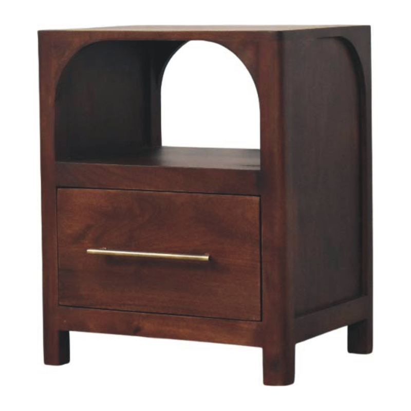 Artisan Furniture Solid Wood Arched Edge 1 Drawer Bedside, 1 Open Slot, Brown
