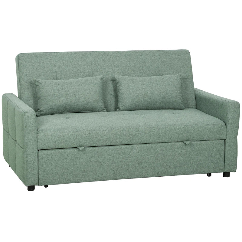 HOMCOM Three-Way 2 Seater Sofa Bed with Three-position back and Two Soft Pillows - Green