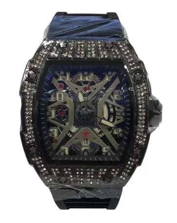 New Rubber Gents Black Bling Fashion Quartz Movement Skeleton Clear Dial Black Rubber Strap Watch