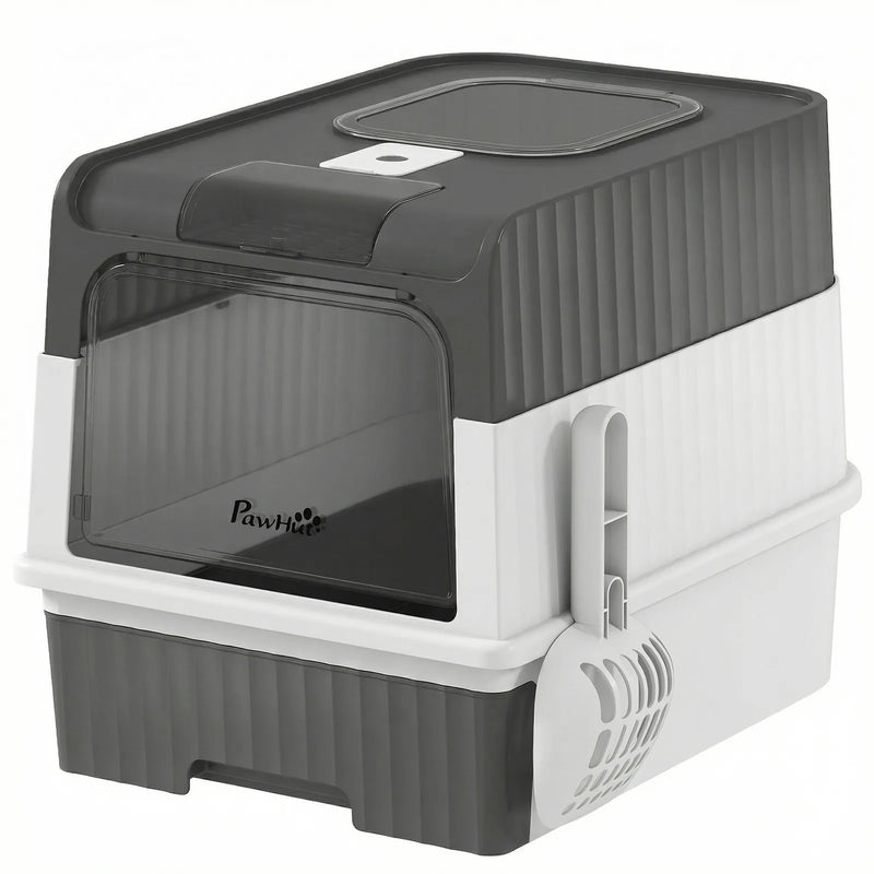 PawHut Enclosed Cat Litter Box with Lid, Pull-Out Drawer Tray, Scoop, 2 Deodorisation Bags, Front Entry & Top Exit, Grey