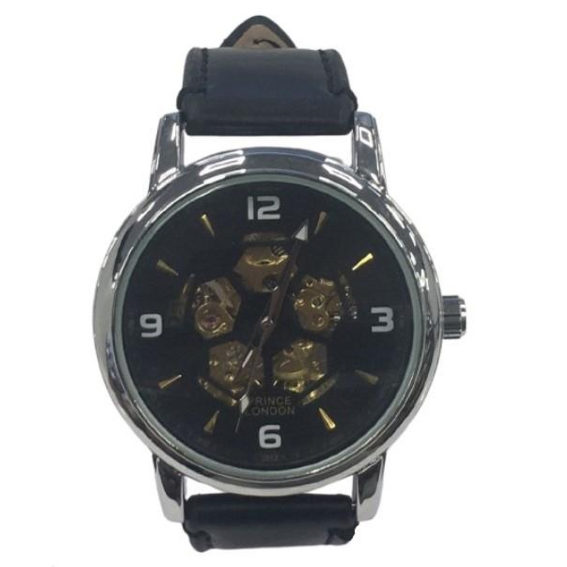 NY London Mens Automatic Dial Analogue Gold/Black Leather Strap Watch