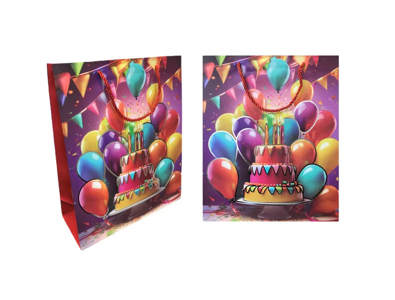Paper Birthday Party Gift Bag With Cake And Balloon Design