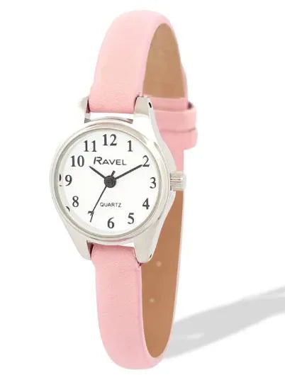 Ravel Ladies Round Petite Silver Case Clear Numeral with Pink Leather Strap Watch