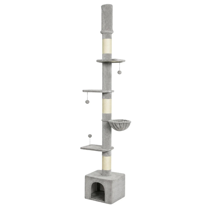 PawHut Floor to Ceiling Cat Tree, 230-250cm Multi-Level Cat Tower with Adjustable Height, Scratching Posts, Condo, Platforms