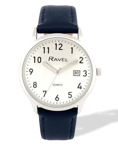 Ravel Mens Basic Silver case Dated Silver Dial With Black Faux Leather Strap Watch