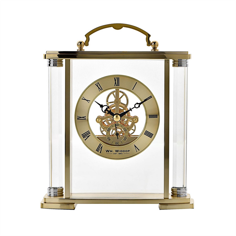 Wm. Widdop Gold Mantel Clock with Handle Skeleton Movement *(12/10)*