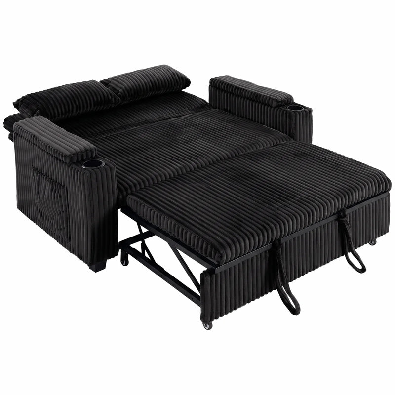 HOMCOM 2 Seater Sofa Bed, Pull Out Sleeper Sofa w/ Adjustable Backrest, Storage Armrests, Cup Holders, Side Pockets, Black