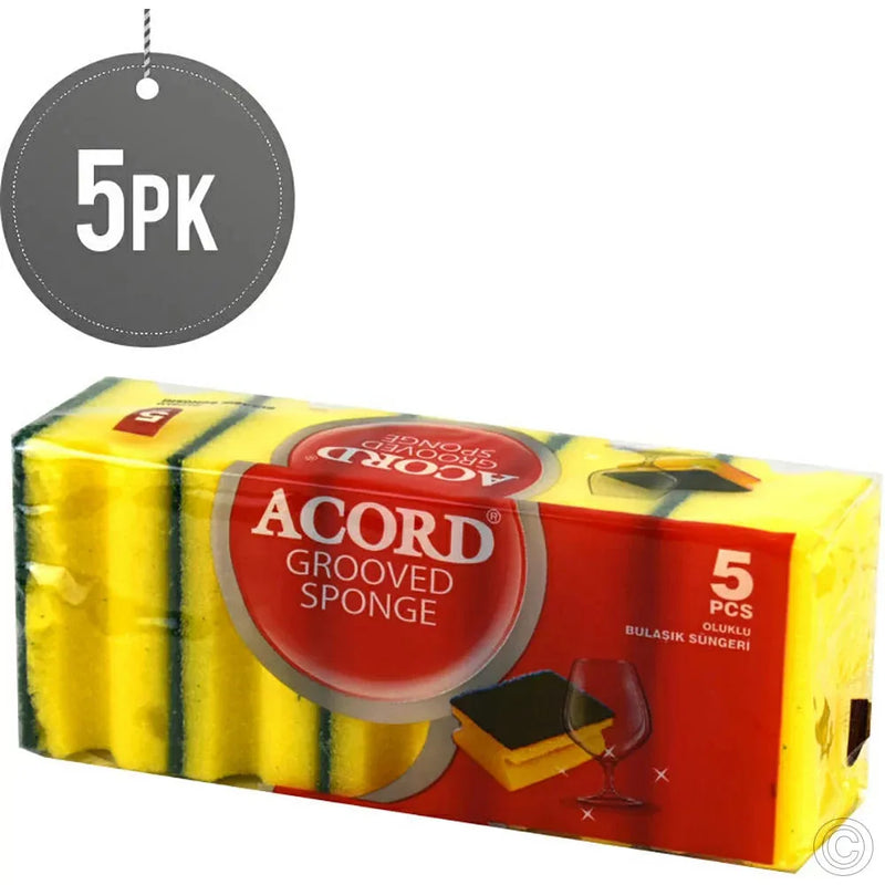 Accord Large Yellow Double Sided Kitchen Washing Up Sponges Scourers - Pack Of 5