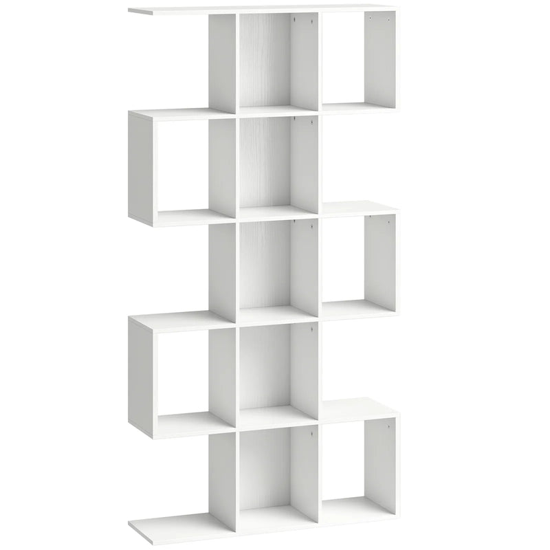 HOMCOM 5-Tier Bookshelf, S Shaped Geometric Bookcase with 15 Compartments, White Wood Effect