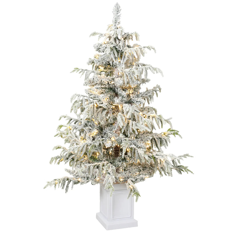 HOMCOM 4ft Prelit Flocked Christmas Tree, Artificial Snow Flocked Spruce with 160 Warm White LED Lights, 8 Modes, Green