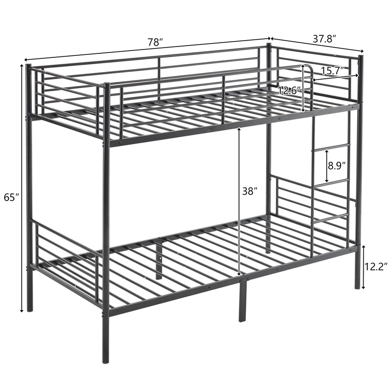 Twin Over Twin Bunk Bed for Kids Teens Adults, Heavy Duty Metal Bunk Bed with Ladder & Full-Length Guard Rail & Storage Space, Black