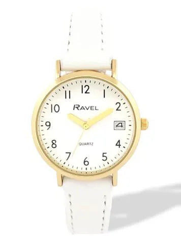 Ravel Ladies Basic Golden case Dated White Dial With White Faux Leather Strap Watch
