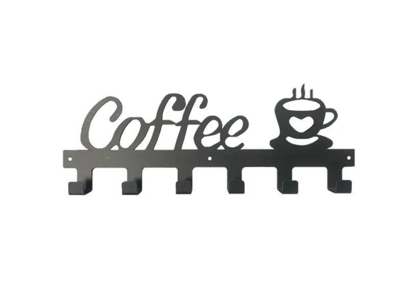 Metal Coat Mug 6 Hook Hanger Rack With Coffee Cup Design Black