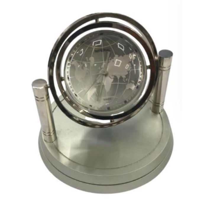 Miniature Clock Globe with Display Photo or Logo Silvertone Plated Solid Brass IMP422-AL - CLEARANCE NEEDS RE-BATTERY