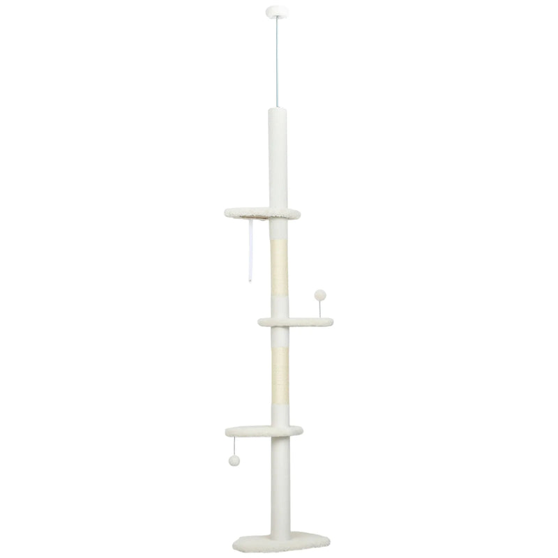 PawHut 225-255 cm Adjustable Cat Climbing Tower with Sisal Scratching Posts, 2 Hanging Play Balls and Anti-Tip Strap, Beige