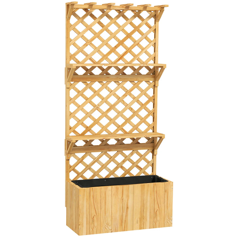 Outsunny 52L Wooden Planter, with Trellis and Shelves - Natural Finish