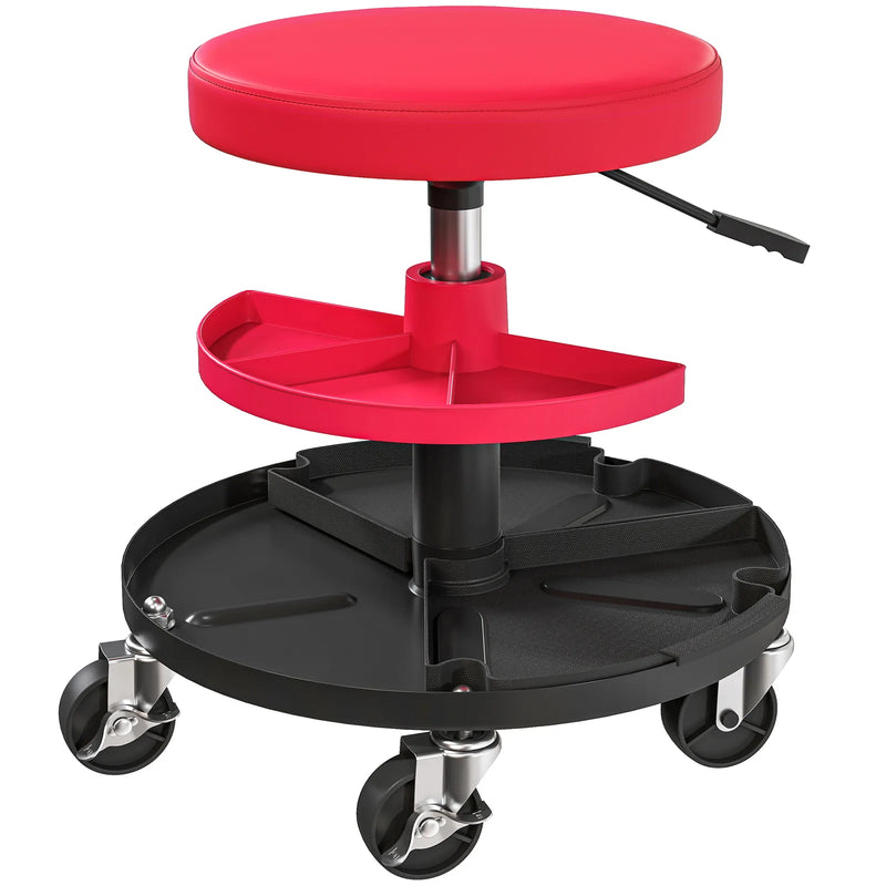 HOMCOM Rolling Mechanic Stool, 135kg Capacity Workshop Stool, 360° Swivel Roller Padded Creeper Seat with Wheels, Tool Trays Storage for Garage, Shop, Auto Repair, Red