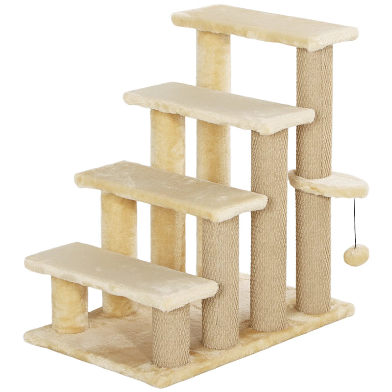 PawHut 4-step Pet Stairs with Scratching Posts, Platforms, Toy Ball, Beige