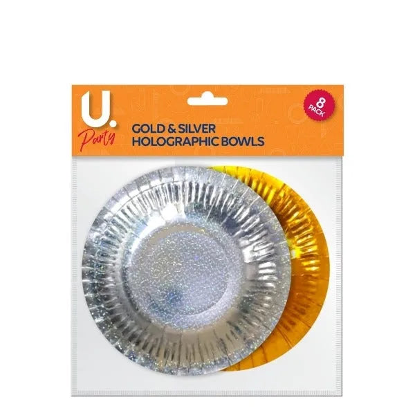 Holographic Paper Bowls Gold And Silver Pack Of 8