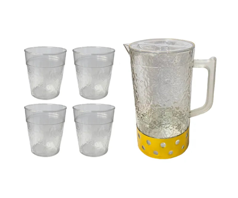 Transparent Plastic Te x tured Water Juice Pitcher Jug With 4 Cups Assorted Colours