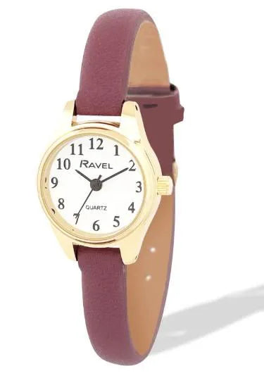 Ravel Ladies Round Petite Gilt Case Clear Numeral with Brown Leather Strap Watch
