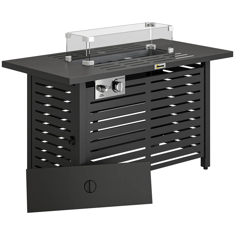 Outsunny Propane Gas Fire Pit Table, Outdoor Firepit with 43" Steel Tabletop and Lid, 50,000 BTU Pulse Ignition Fire Table w/ Stainless Steel Burner, Glass Wind Guard, and Cover