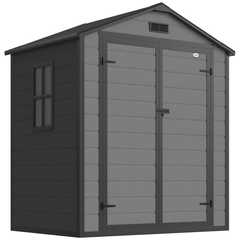 Outsunny 6'x4.5' Garden Storage Shed, Lockable Garden Shed with Double Doors, Window, Vent and Plastic Roof, Dark Grey