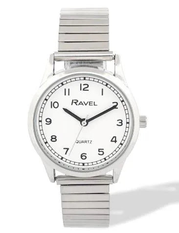 Ravel Ladies Basic Easy Read Minute Track on White Dial Silver Stainless Steel Expander Bracelet Watch